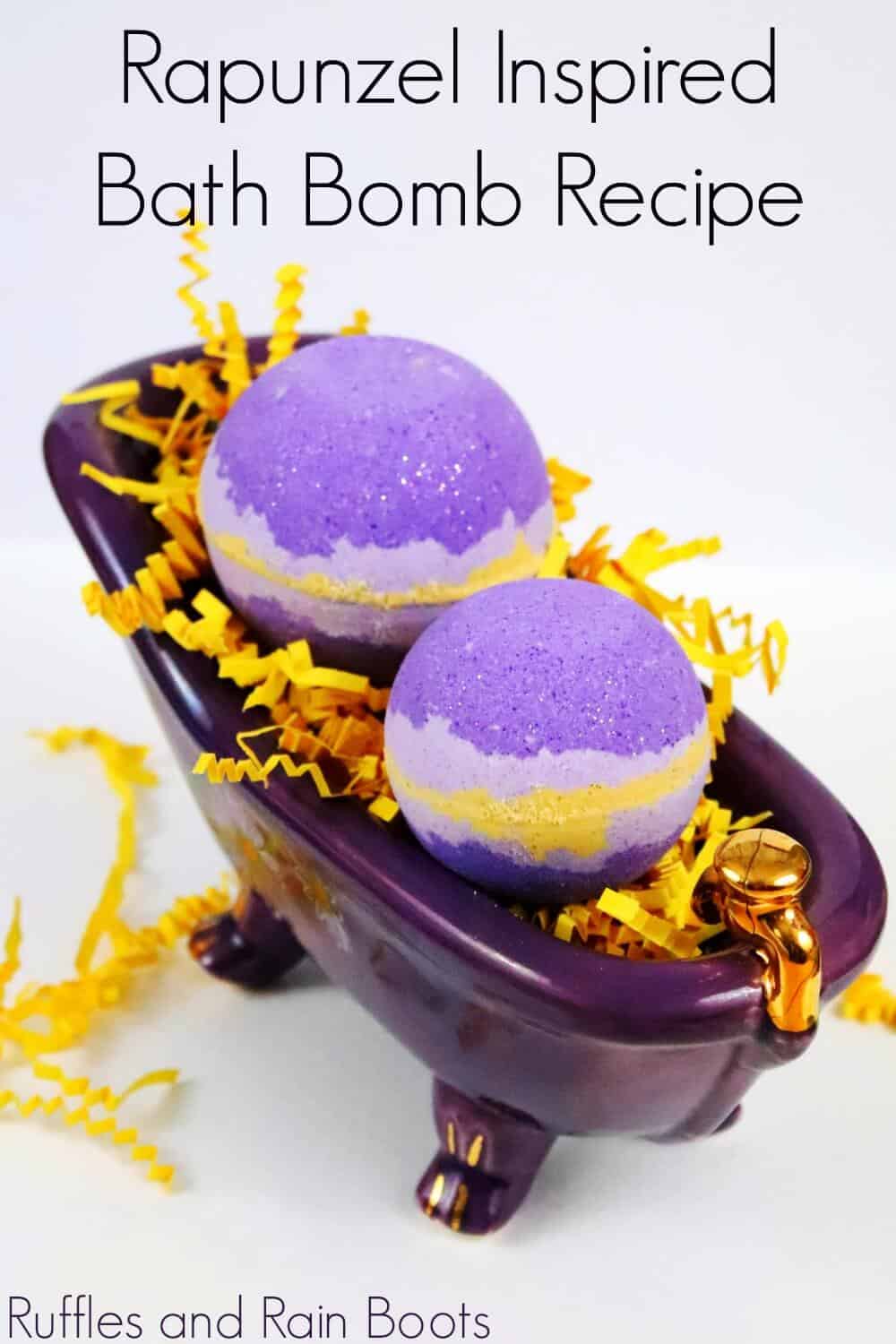 bath bombs in tiny tub on white background with text which reads Rapunzel inspired bath bomb recipe