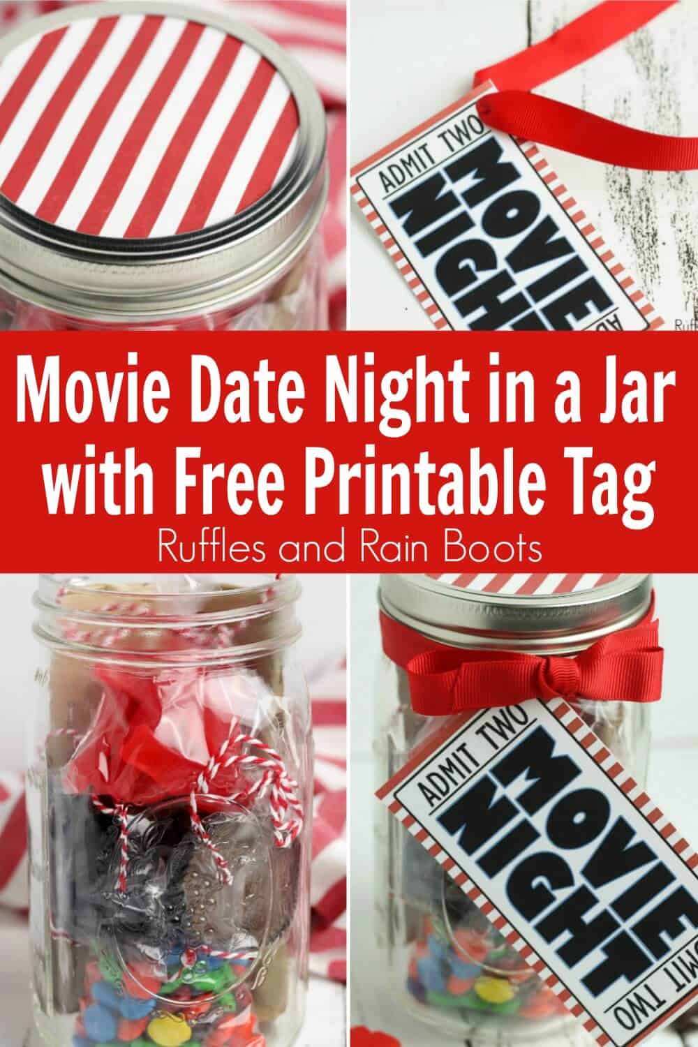 photo collage of a movie night in a jar with text which reads movie date night in a jar with free printable tag