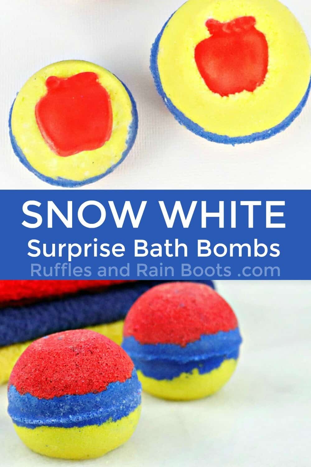 photo collage of the snow white bath bombs with text which reads snow white surprise bath bombs