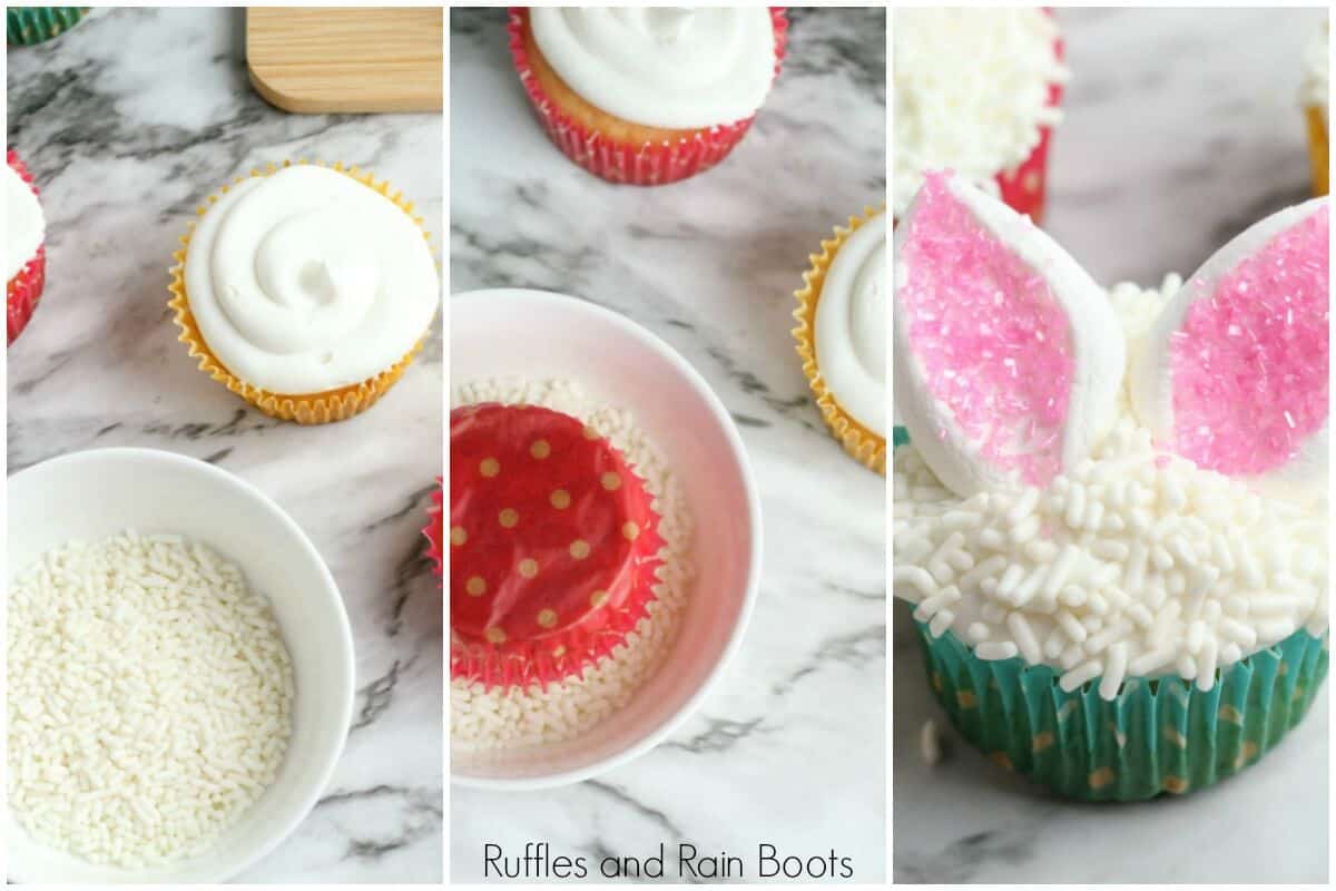 step by step showing how to dip and frost the Easter bunny cupcakes