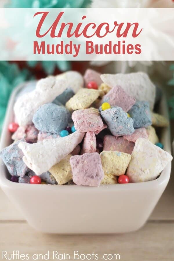 close up of unicorn muddy buddy recipe in white bowl with text unicorn muddy buddies