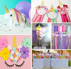 unicorn party decorations photo collage with varying unicorn DIY crafts