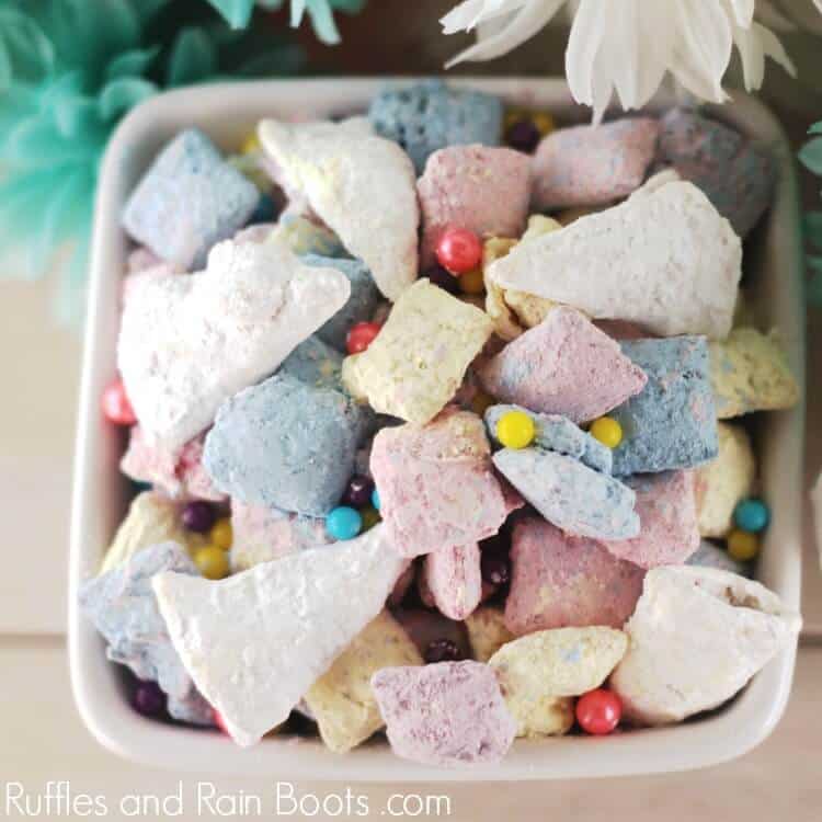 unicorn puppy chow in white bowl on table
