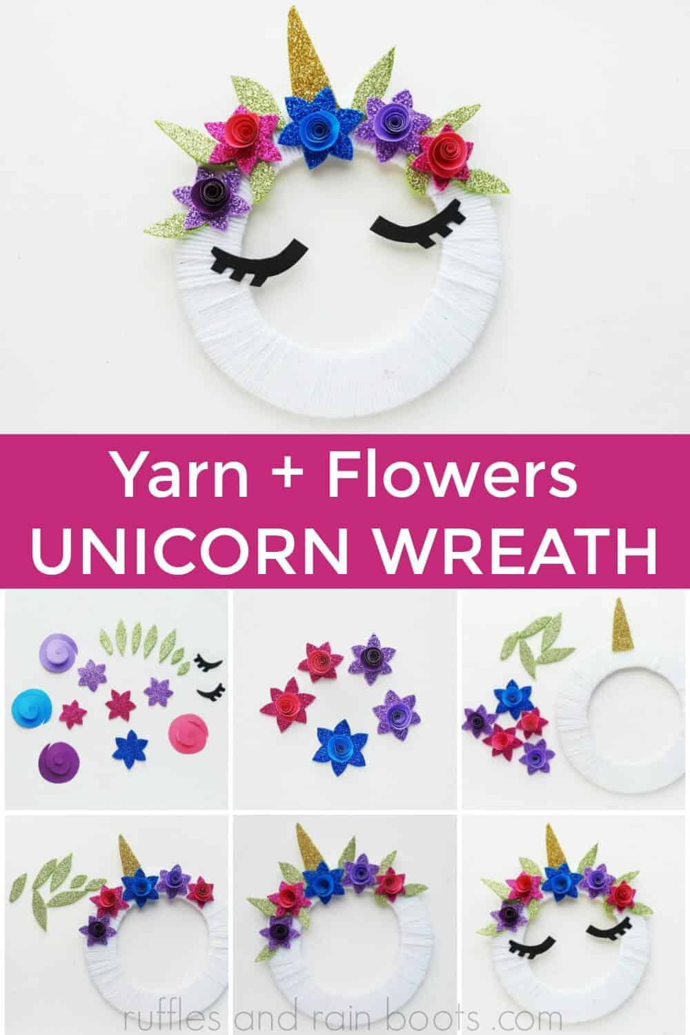 photo collage of how to make a yarn wrapped unicorn wreath and the finished unicorn wreath unicorn craft for kids with text which reads yarn + flowers unicorn wreath
