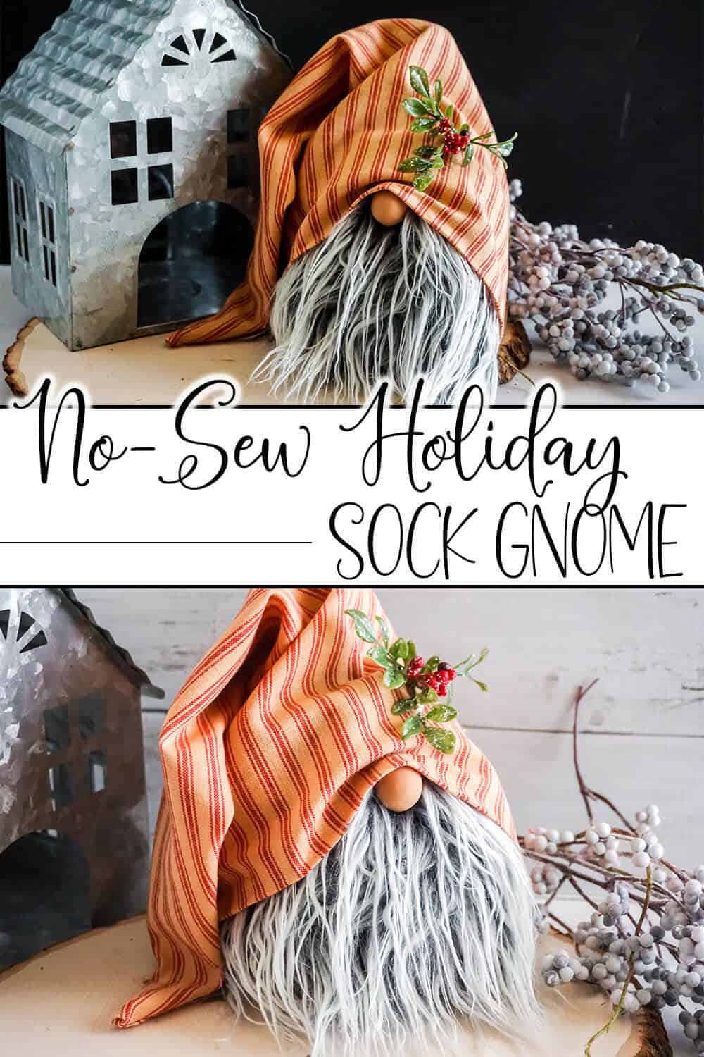 photo collage of tiered tray gnome you can make with text which reads no-sew holiday sock gnome