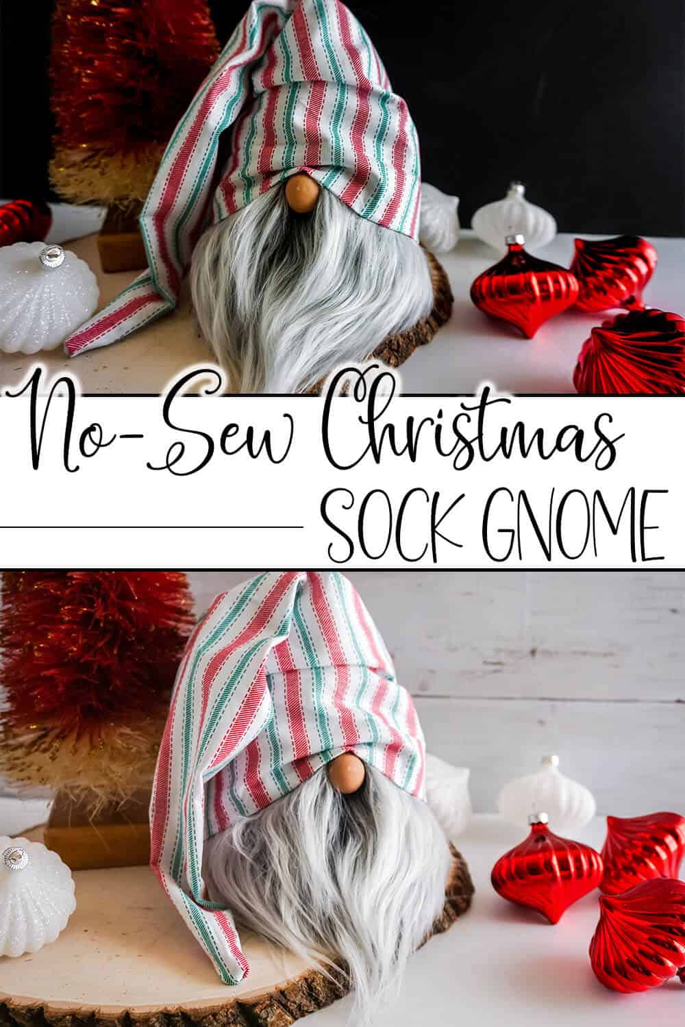 photo collage of farmhouse tiered tray filler gnome with text which reads no-sew christmas sock gnome