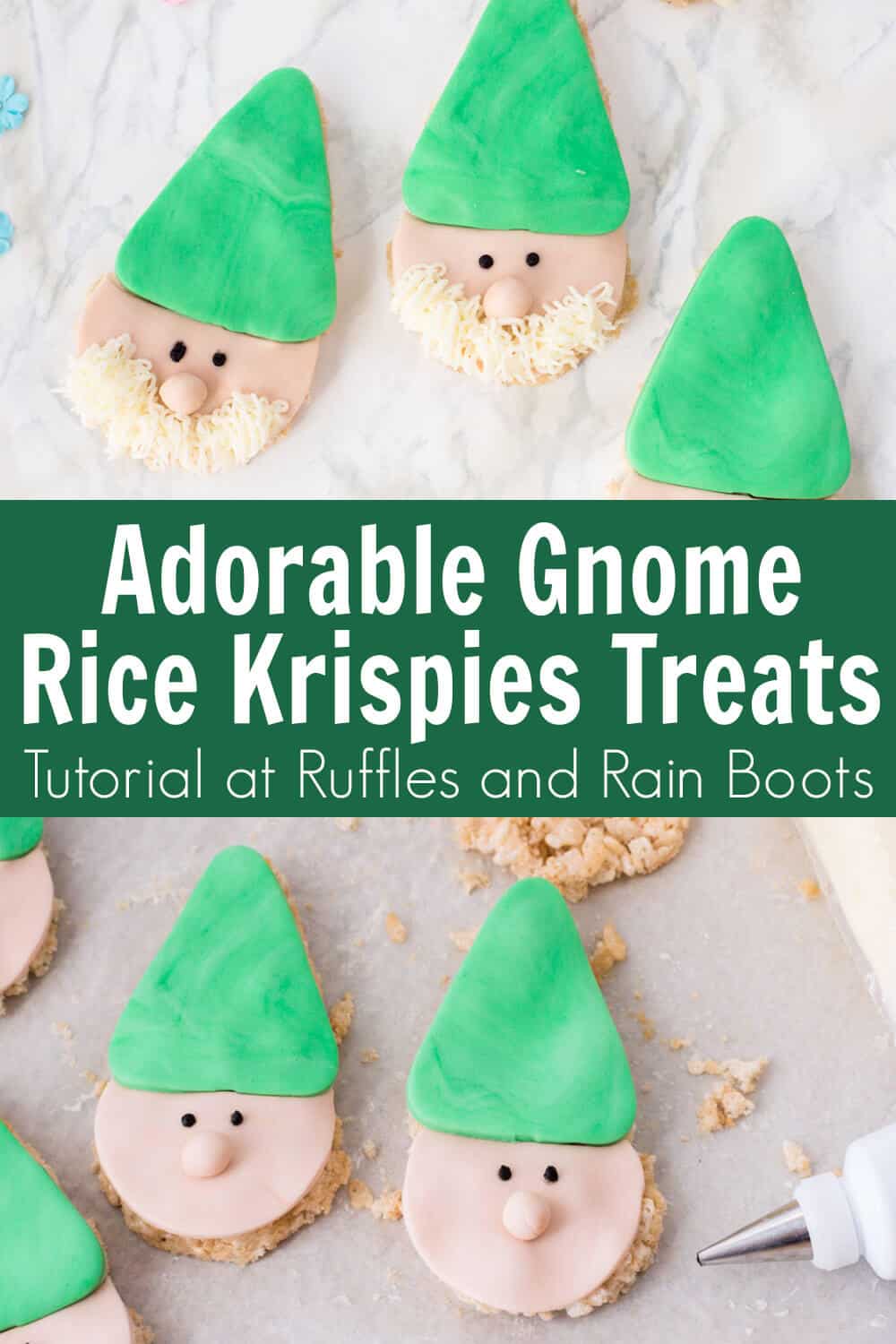 Vertical photo collage of adorable green hat gnome cereal treats with text which reads adorable gnome rice krispies treats.