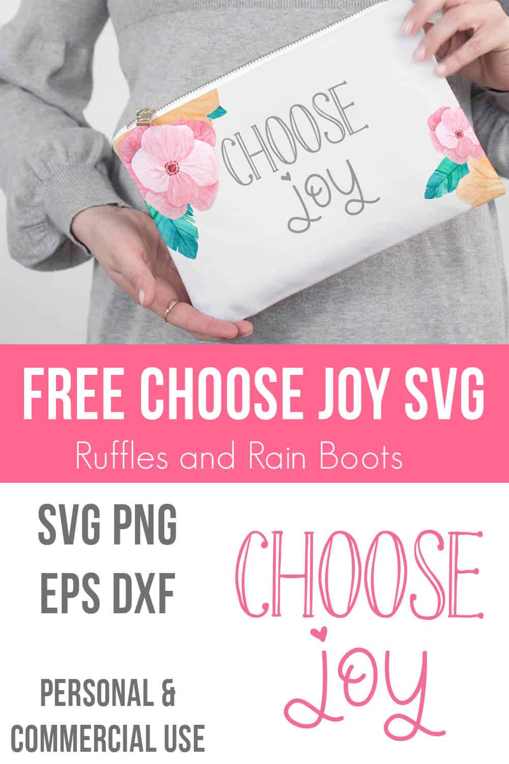 photo collage of choose joy free svg file and close up of cosmetic bag gift