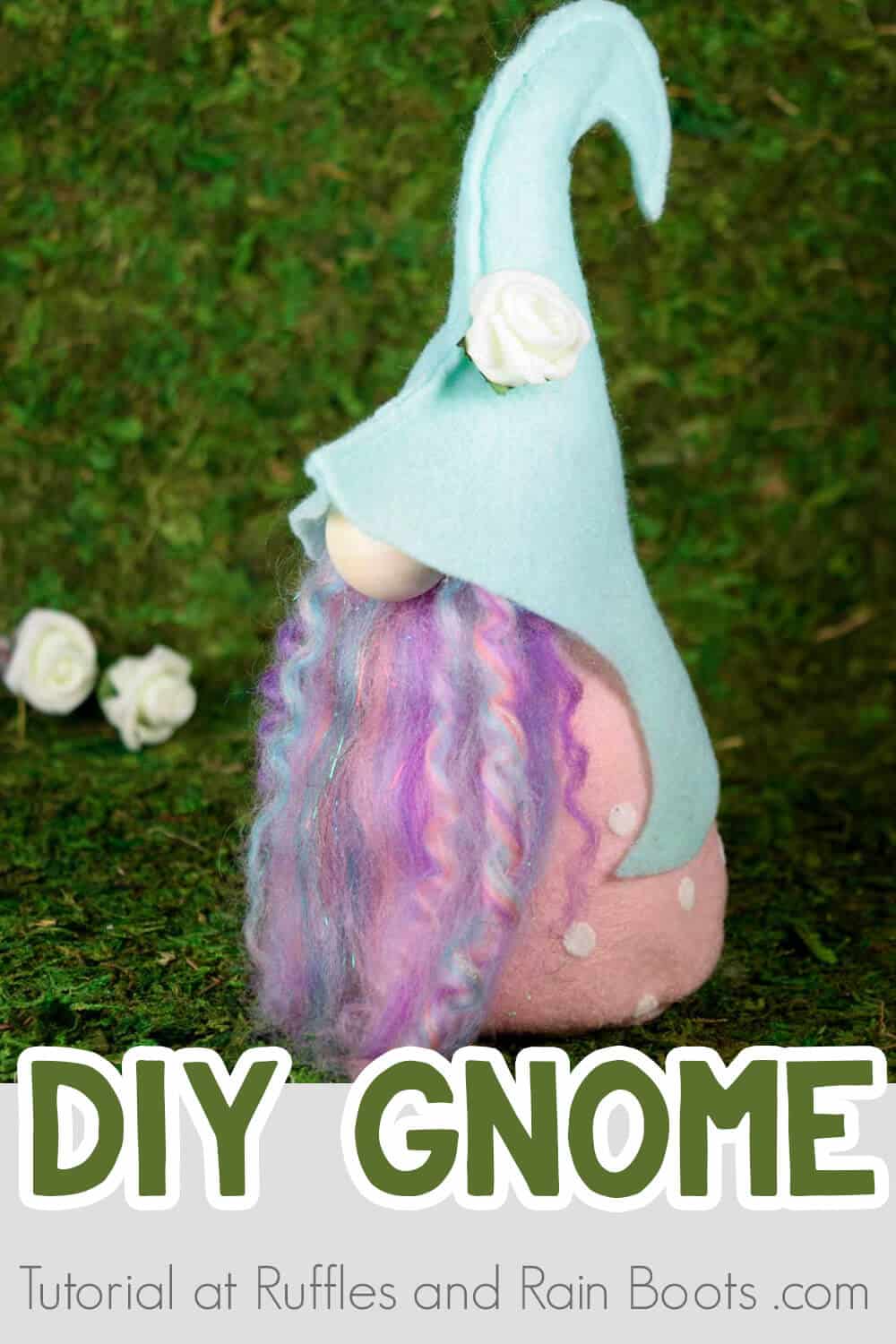 elfin spring gnome on moss background with text which reads DIY gnome