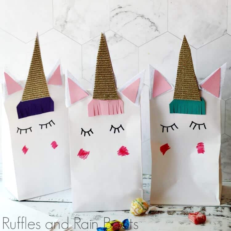 close up of three finished unicorn favor bags