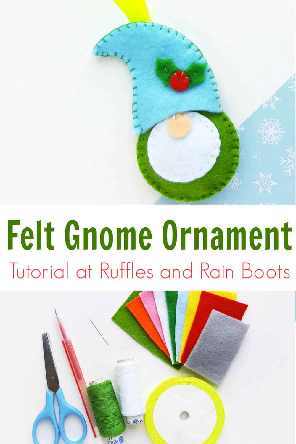 photo collage of felt gnome ornament tutorial and pattern with text which reads felt gnome ornament
