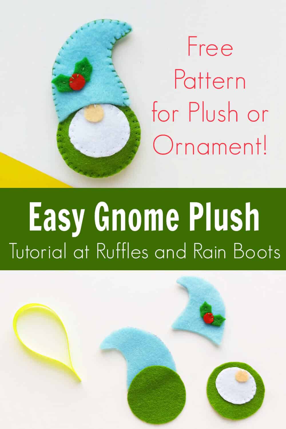 photo collage of free pattern gnome plush ornament felt tutorial with text which reads easy gnome plush
