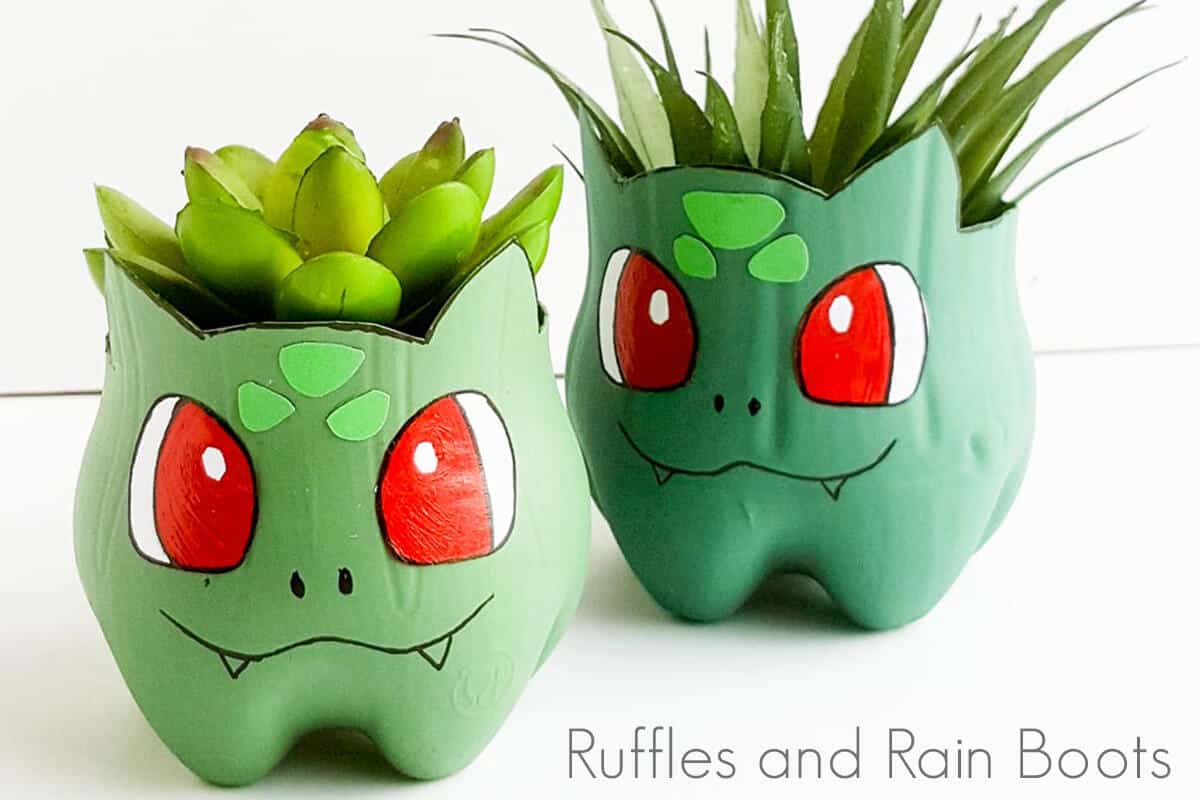 I can't get over how cute this recycled Bulbasaur planter is! Definitely a cute Pokemon craft for kids or moms. Click here to see how she makes this simple Pokemon craft in just a few minutes. #pokemon #pokemoncraft #recyclingcraft #bulbasaur #rufflesandrainboots