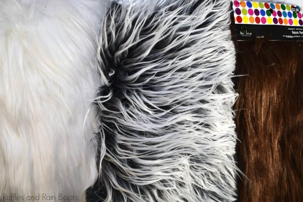Horizontal collage of faux fur on table showing white gorilla fur, frosted gray Mongolian, and brown craft store fur.
