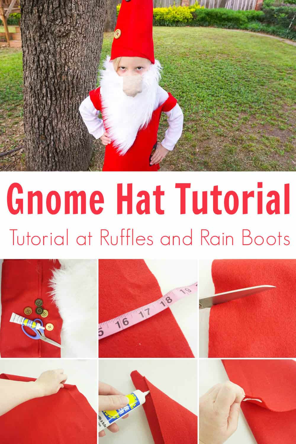 A vertical photo collage of the process to make a gnome hat without a sewing machine.