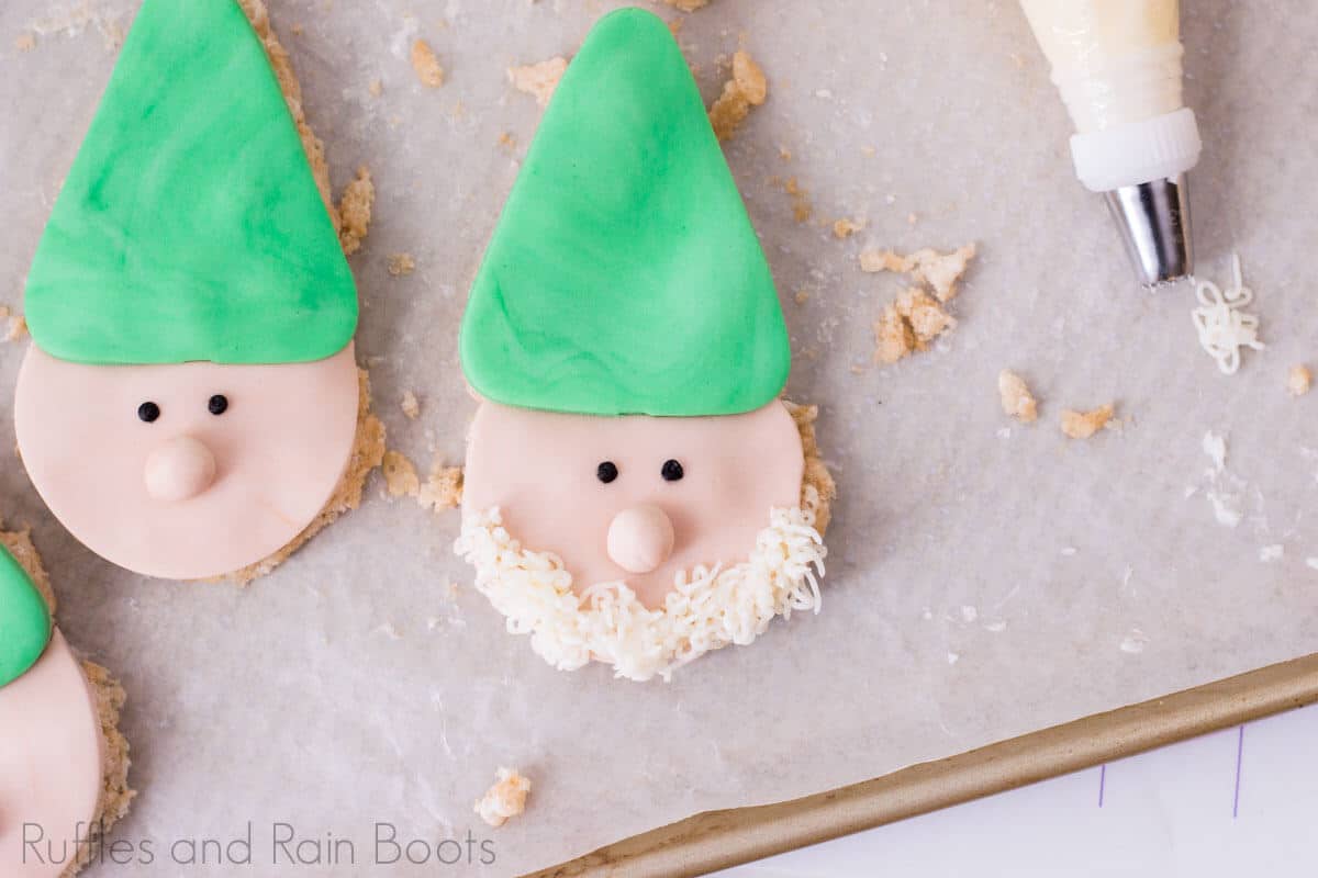 gnome rice krispies treats on a baking sheet