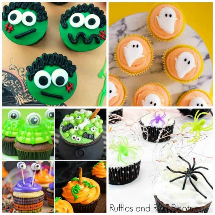 photo collage of Halloween cupcakes