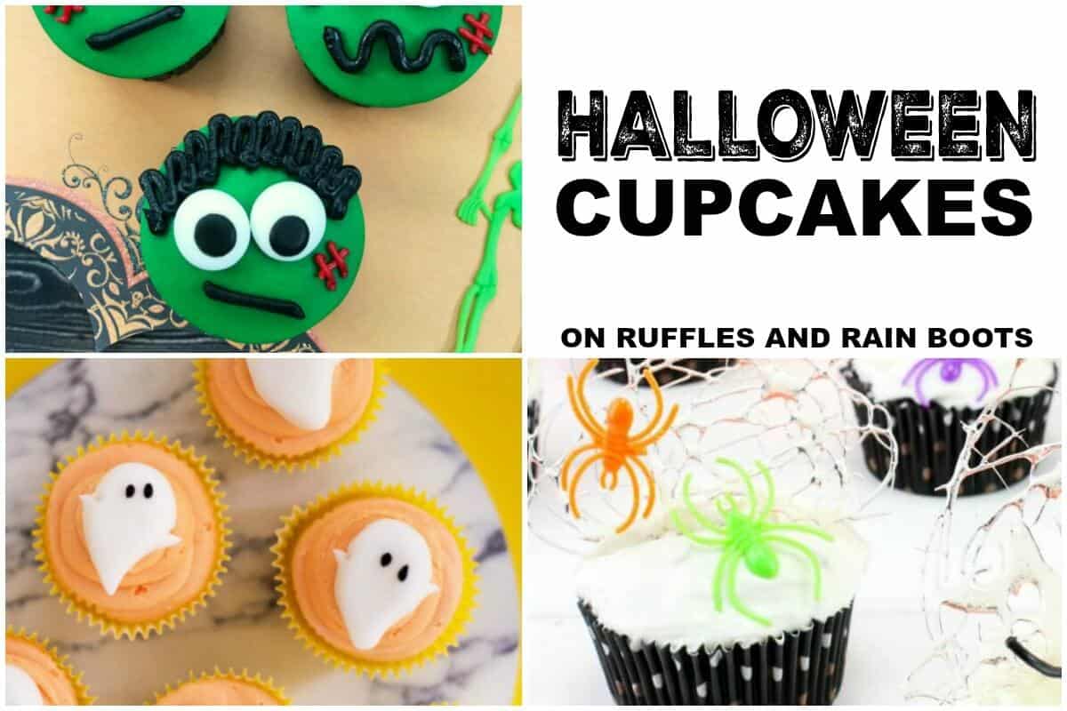 photo collage of Halloween cupcakes on Ruffles and Rain Boots