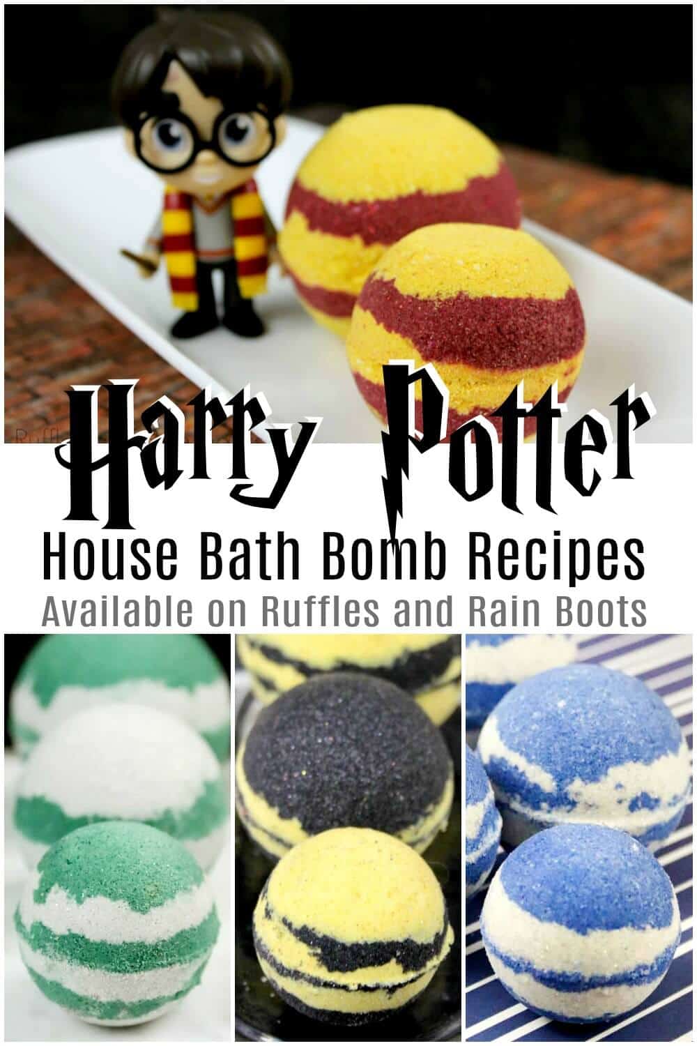 harry potter bath bombs gift idea photo collage with thext which reads harry potter house bath bomb recipes