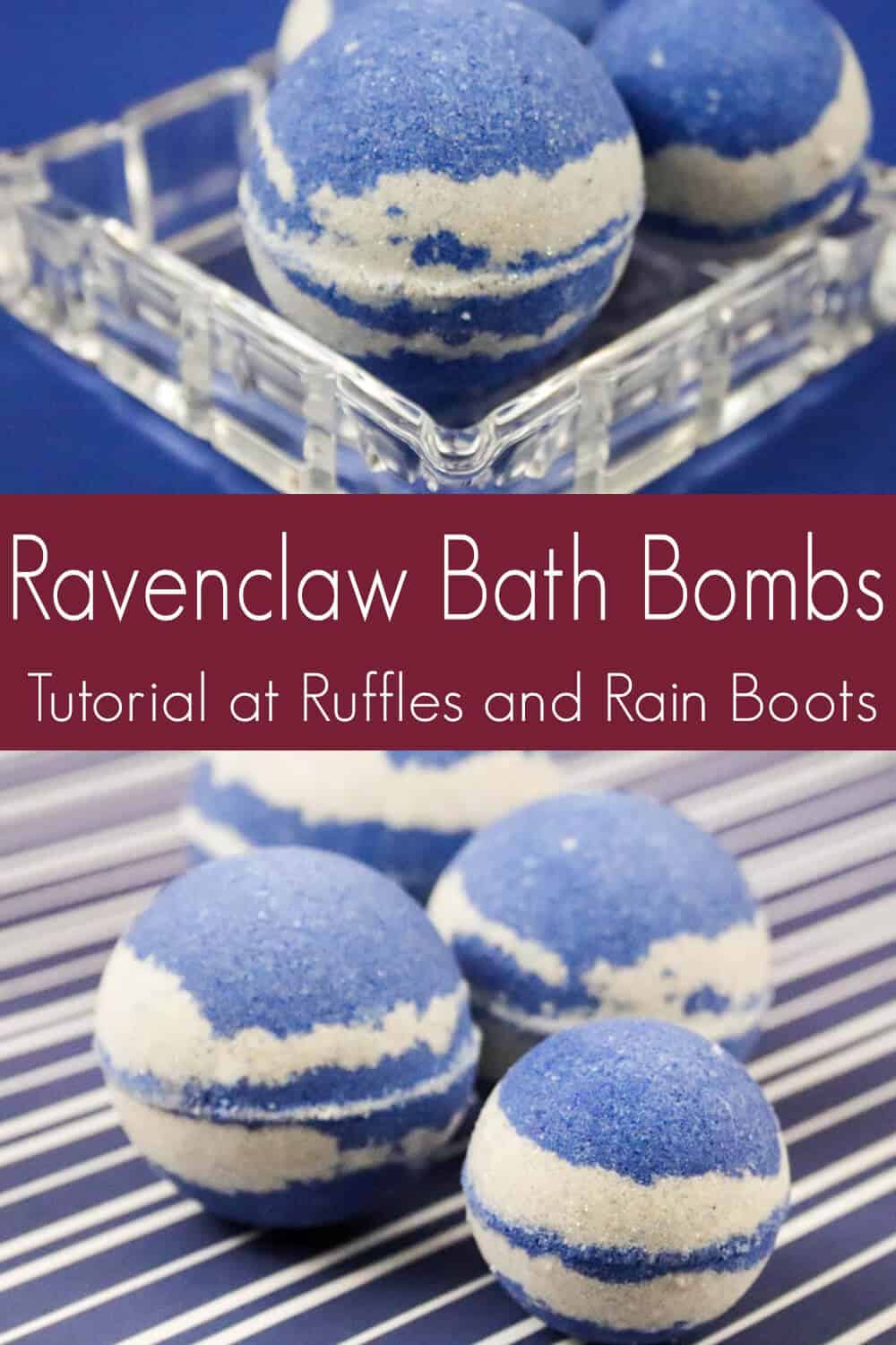 photo collage of harry potter ravenclaw bath bomb recipe with text which reads ravenclaw bath bombs