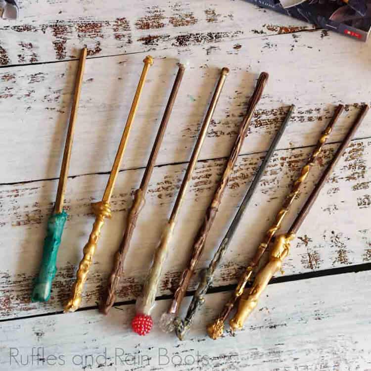 Harry Potter wands on a white wood background