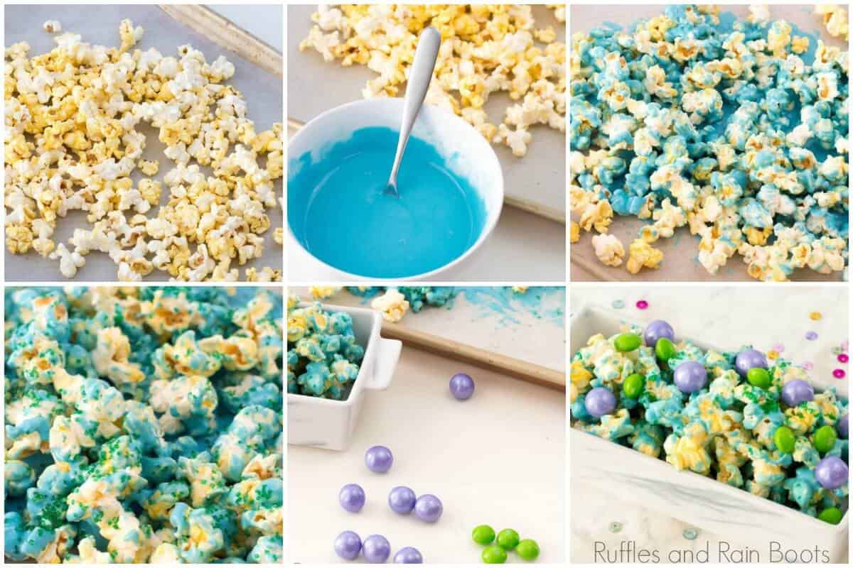 photo collage of how to make mermaid popcorn