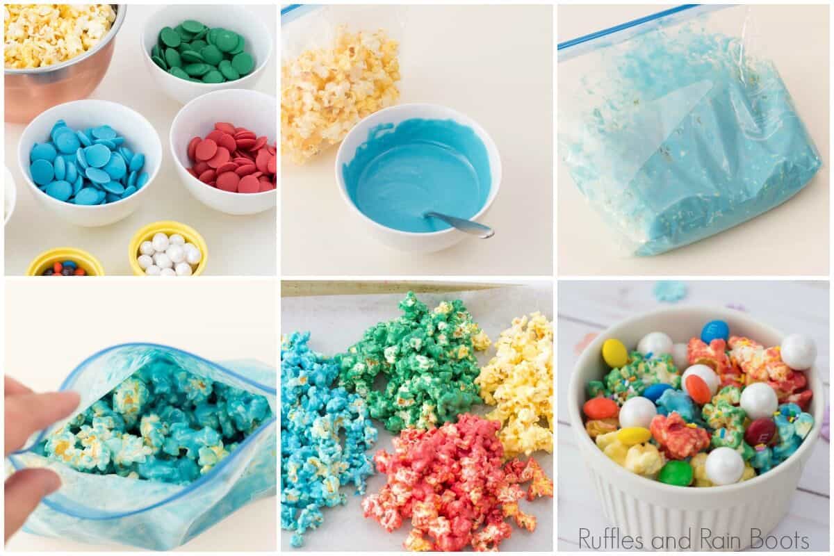 photo collage of how to make rainbow popcorn for an art party