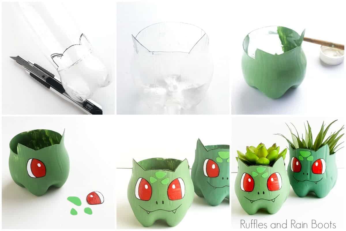 photo collage of how to make a recycled Bulbasaur planter pokemon craft