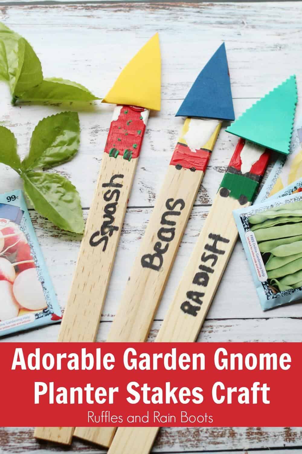 close up of garden gnome craft with text Adorable Garden Gnome Planter Stakes Craft