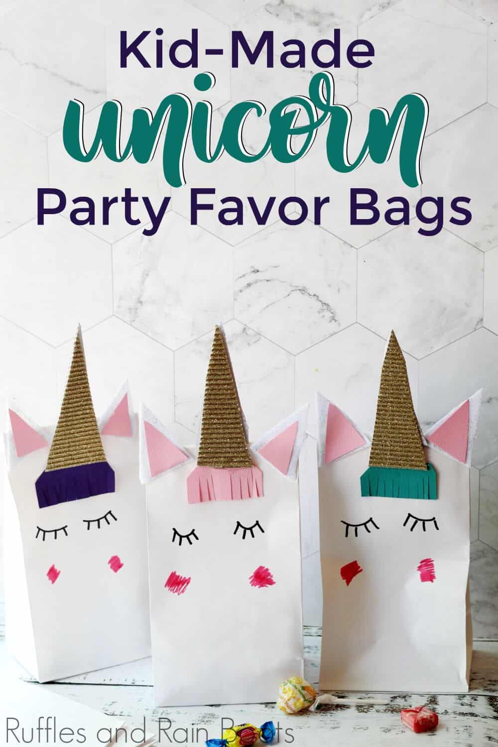 close up of three unicorn favor bag crafts with text kid-made unicorn party favor bags