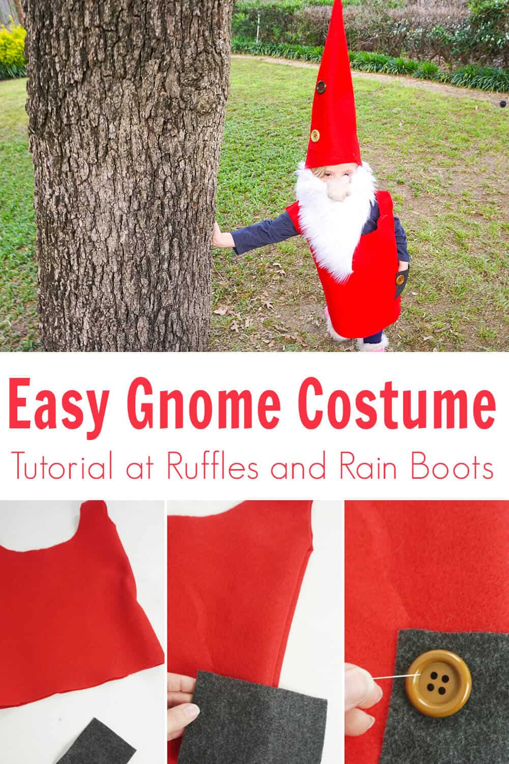 Photo collage of kids gnome costume tutorial with no sew method with text which reads easy gnome costume.
