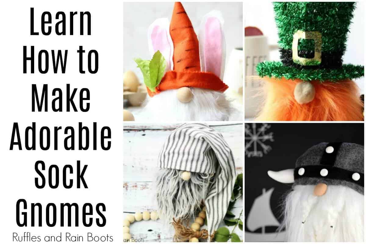 collage of sock gnomes with text which reads learn how to make adorable sock gnomes