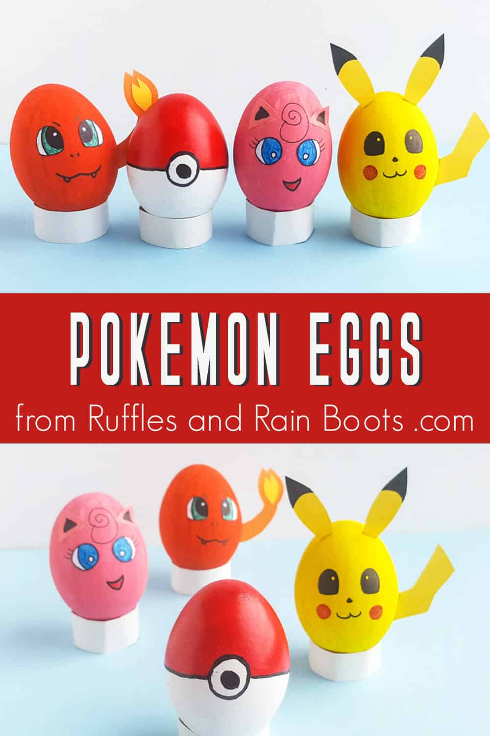 photo collage of pokemon eggs decorated for easter decor with text which reads pokemon eggs