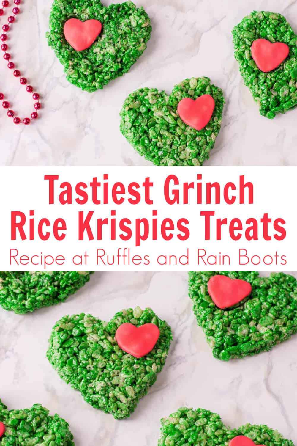 photo collage of grinch rice krispies treats with text which reads tastiest grinch rice krispies treats