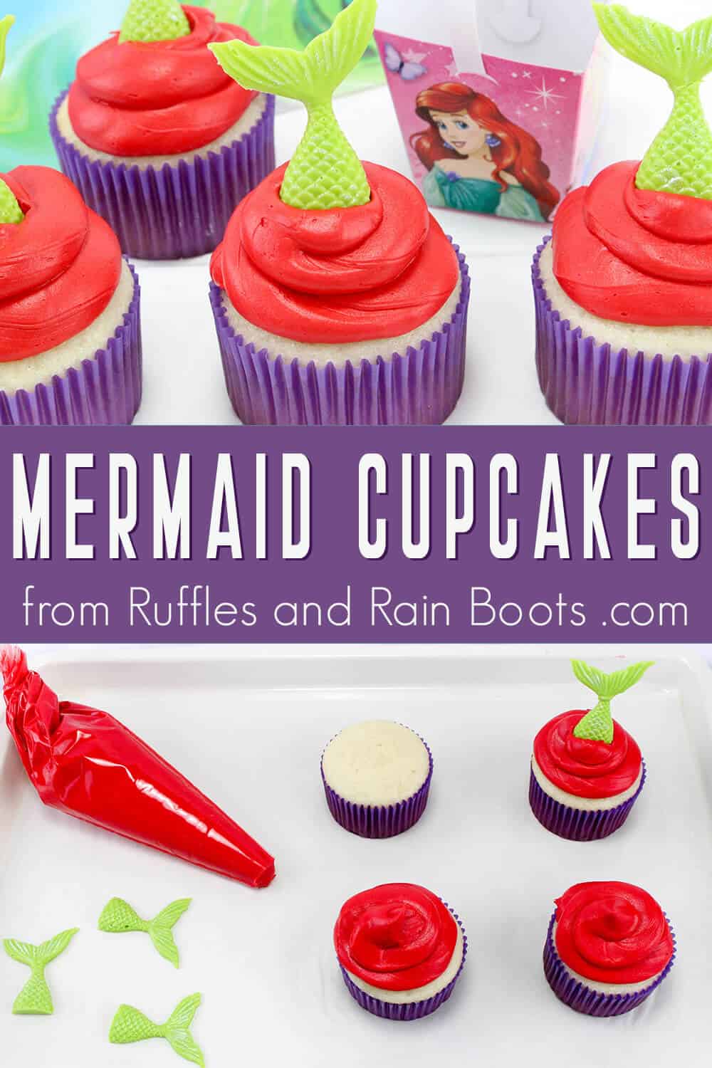 photo collage of tasty little mermaid cupcake recipe with text which reads mermaid cupcakes