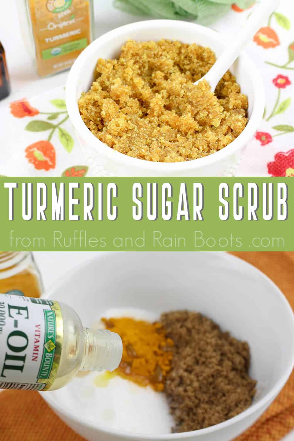 photo collage with text whih reads turmeric sugar scrub