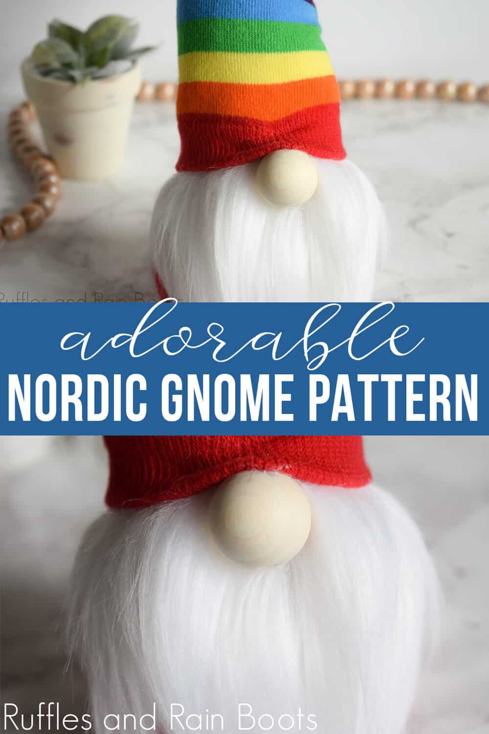 photo collage of Nordic gnome with a twisty hat with text which reads adorable Nordic gnome pattern