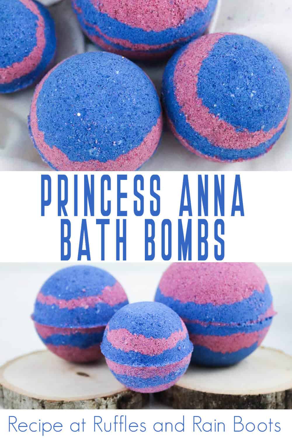 photo collage of bath bombs for kids princess anna frozen with text which reads princess anna bath bombs 