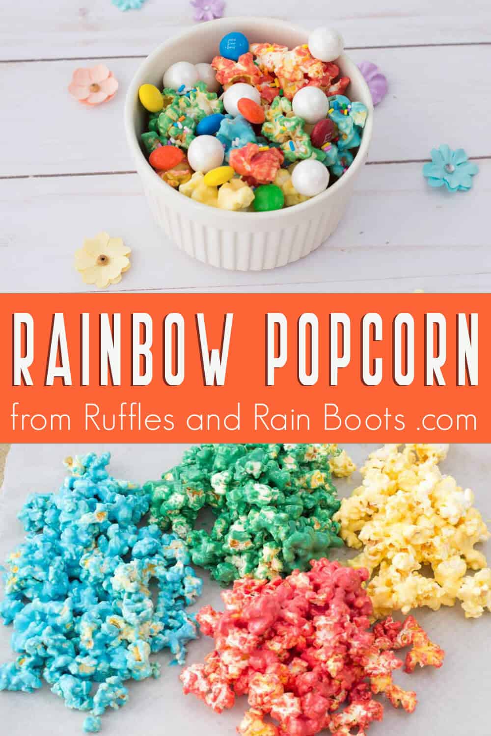 photo collage of rainbow popcorn for rainbow party food with text which reads rainbow popcorn