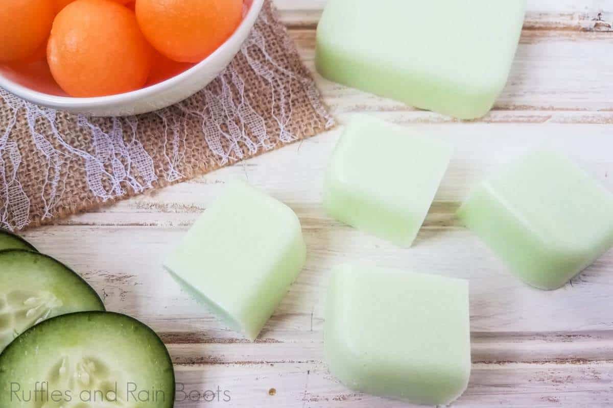 solid cucumber melon sugar scrub recipe on a wood background