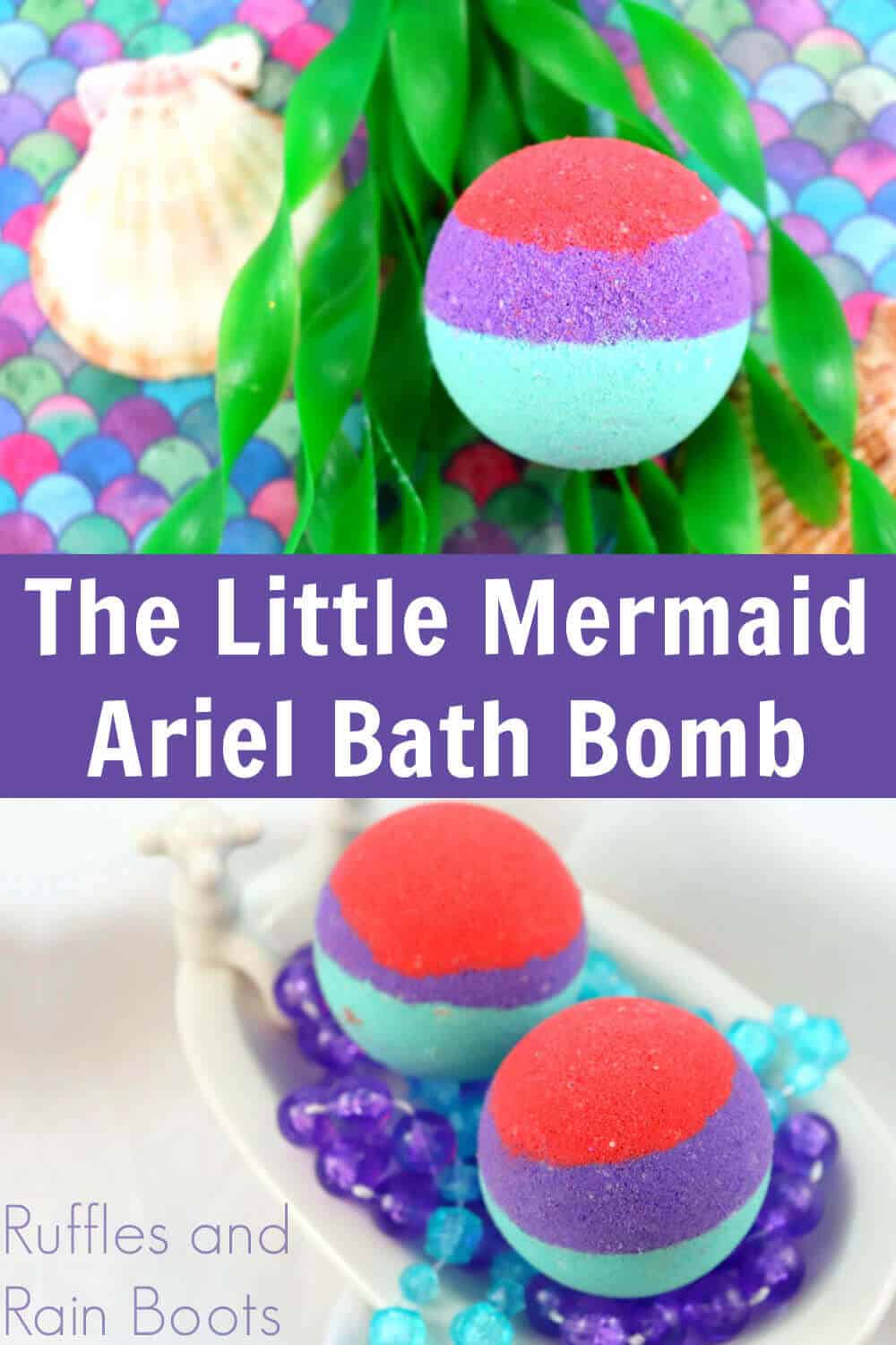 photo collage of mermaid imagery with text which reads the little mermaid Ariel bath bombs 