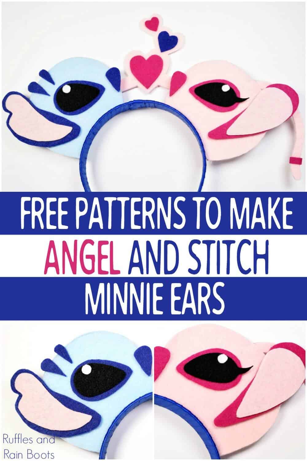photo collage of adorable DIY Disney ears on white background with text which reads free patterns to make Angel and Stitch Minnie Ears