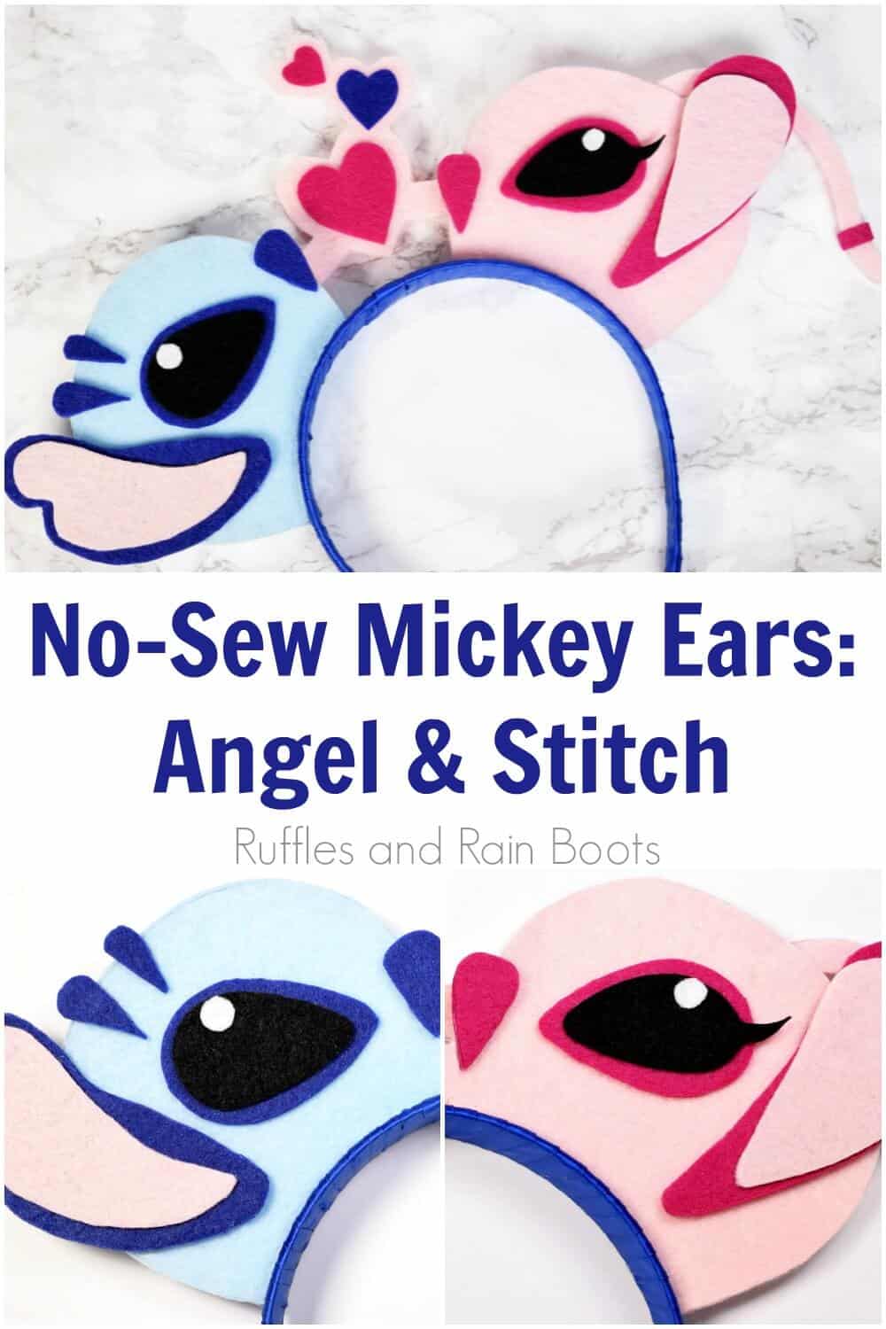 photo collage of felt Lilo and Stitch characters with text which reads no-sew Mickey ears Angel and Stitch