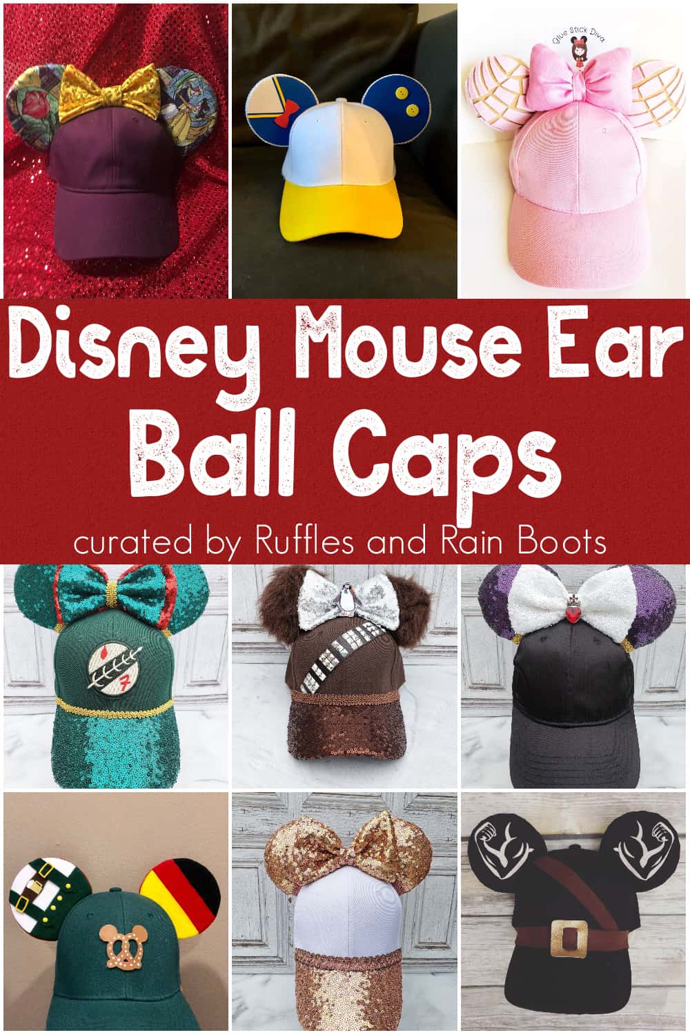 photo collage of ball caps made with mickey mouse ears with text which reads disney mouse ear ball caps