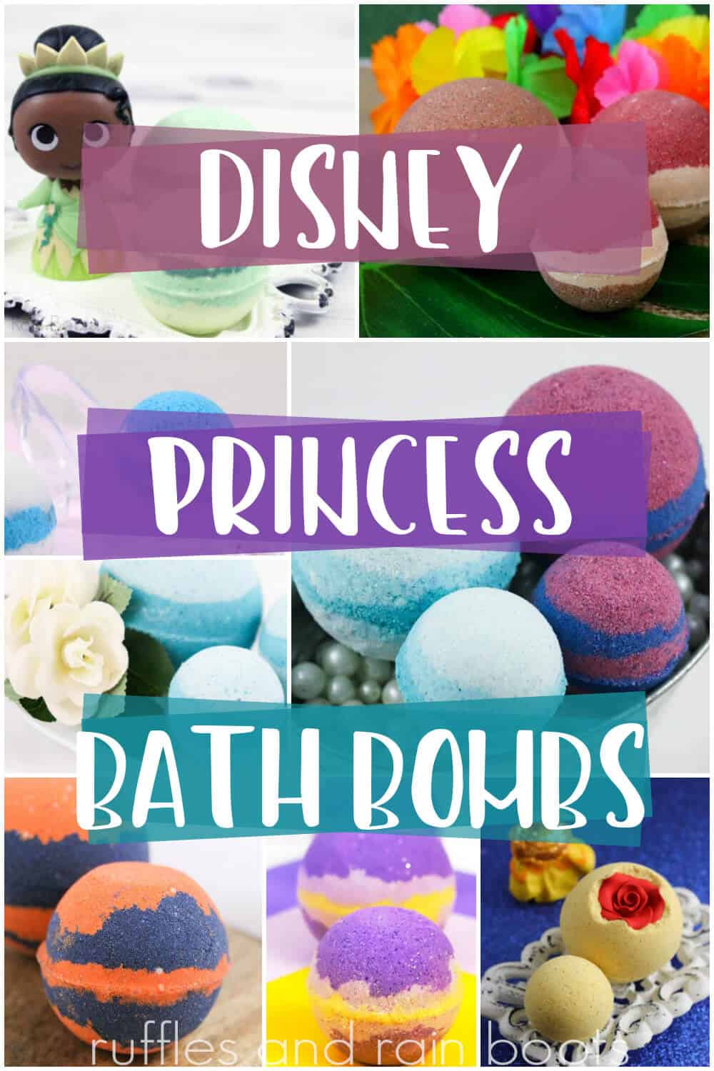 photo collage of bath fizzy collection with text which reads disney princess bath bombs