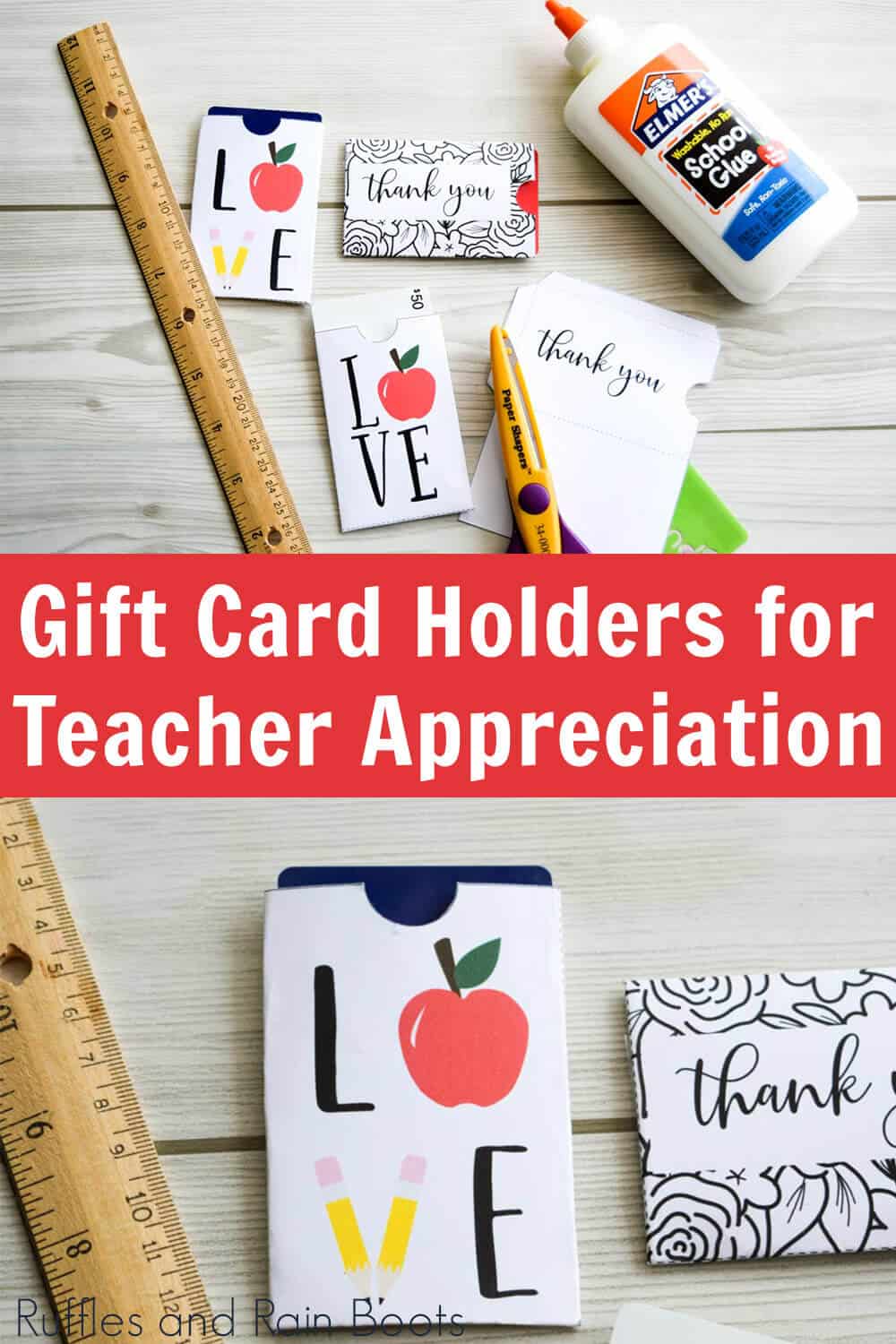photo collage of gift card holder for teacher appreciation week on wood background