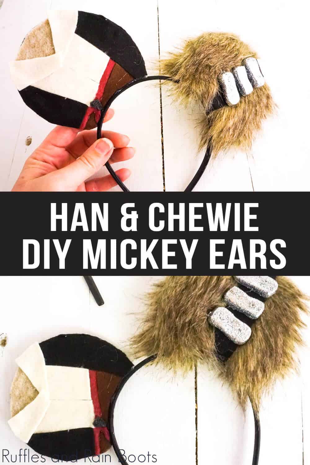 photo collage of han solo mickey mouse ears with text which reads han & chewie diy mickey ears