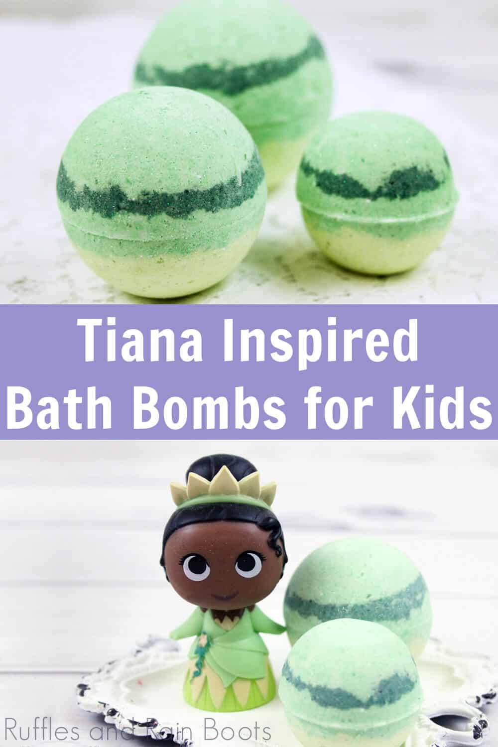 close up images of green and yellow bath fizzies on white background with text Tiana inspired bath bombs for kids