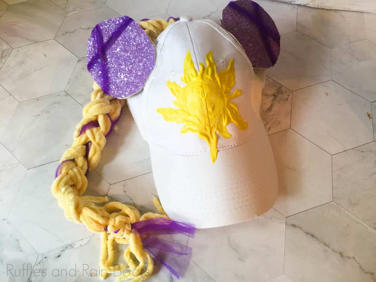 completed rapunzel minnie ears hat on a white background