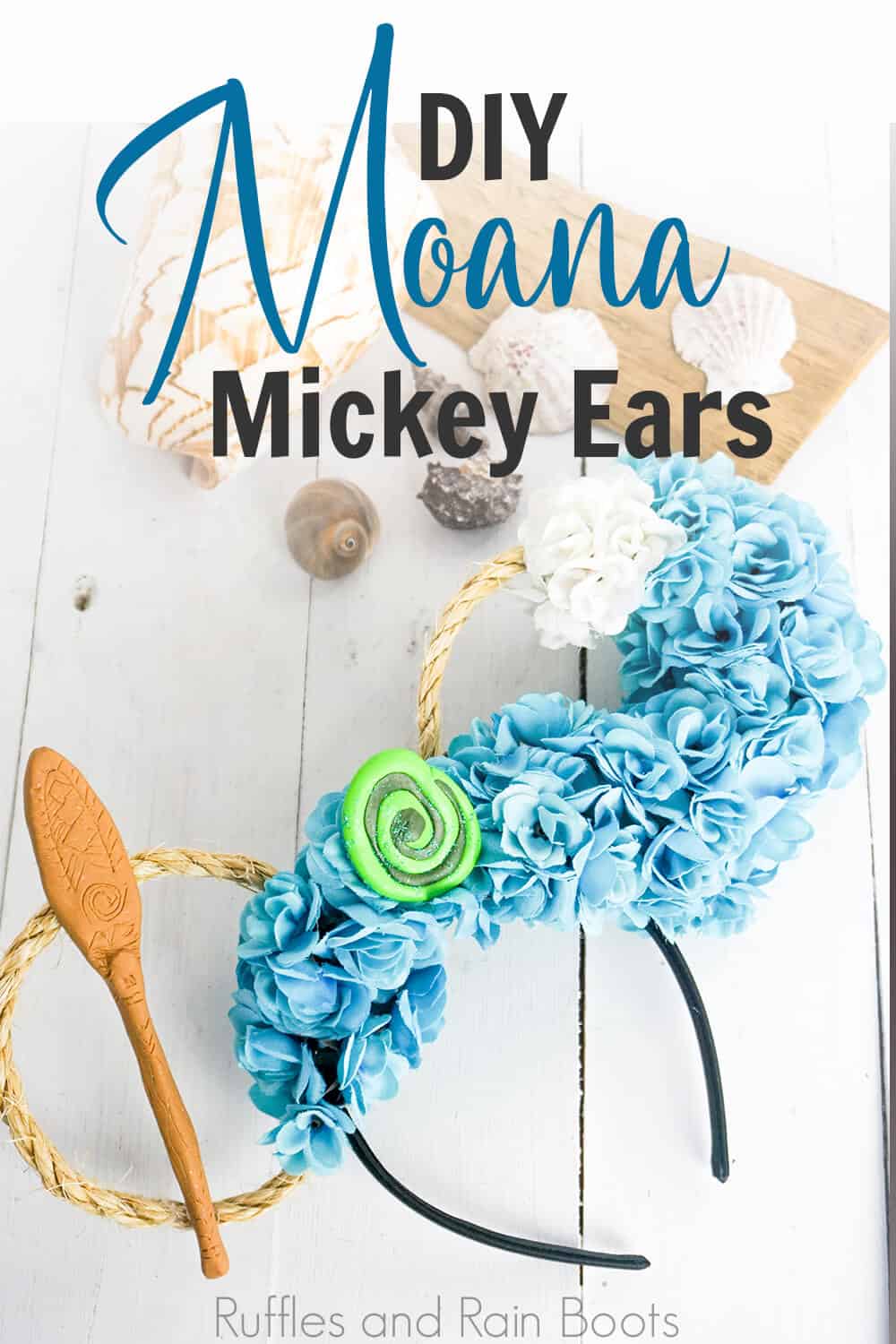 disney princess minnie ears for moana on a white wood background with shells with text which reads DIY Moana Mickey Ears